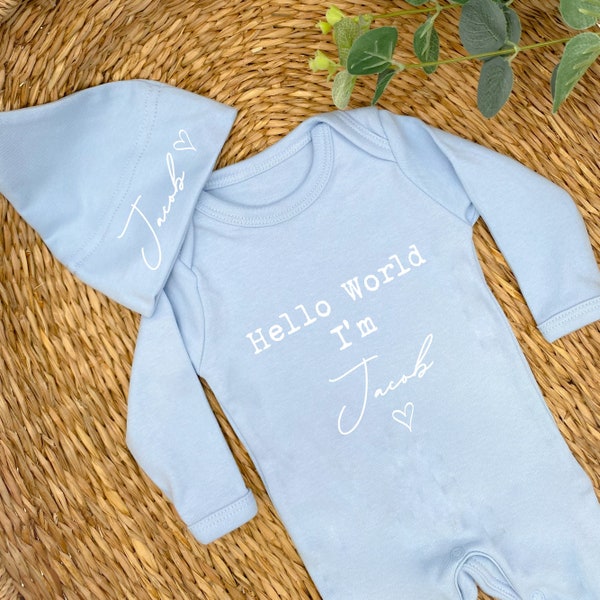 Personalised Hello World Baby Blue Babygrow optional Blanket & Hat Sleepsuit | New Baby Boy Gift | Coming Home Hospital Gift | Announcement