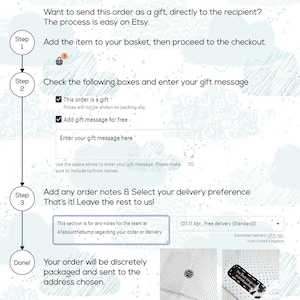 May include: A graphic showing how to send an Etsy order as a gift. The steps include adding the item to the basket, checking gift options, adding a message, and selecting delivery. The Etsy logo and "Send as a Gift" are at the top.