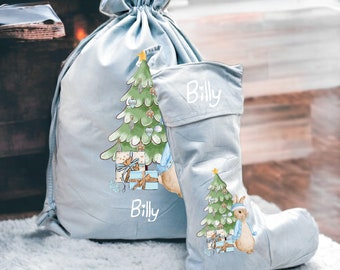 Personalised Blue Rabbit Christmas Stocking and Santa Sacks | Baby's First Christmas | Santa Stocking | Presents | Keepsake | Xmas Tree