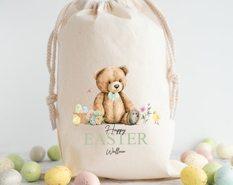 Personalised Happy Easter  Green Teddy Bear | Easter Bag | Treat Bag | Snacks | Easter Egg Hunt Trail Bag Basket Bucket | Children Boy Girl