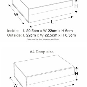 May include: Two white rectangular boxes with dimensions labeled. The top box is labeled "Medium size" with inside dimensions of 20.5cm x 22cm x 6cm. The bottom box is labeled "A4 Deep size" with inside dimensions of 31.5cm x 24cm x 10.5cm.
