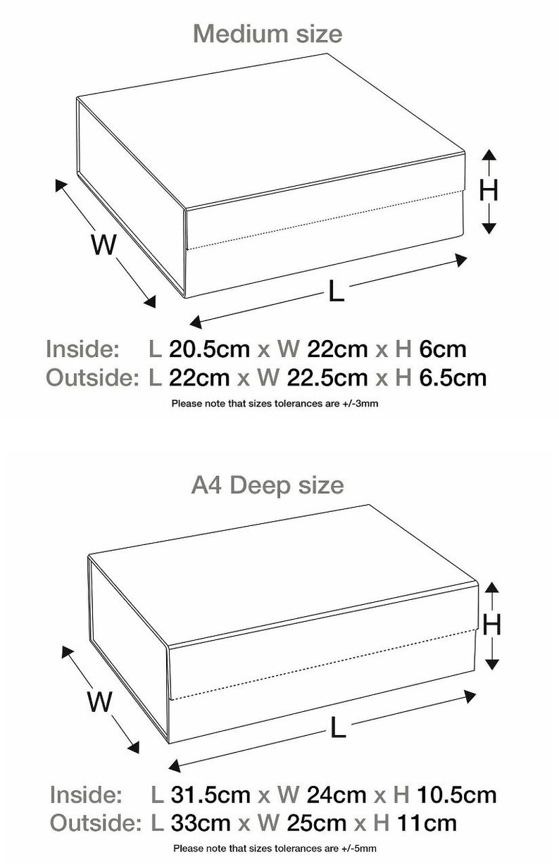 May include: Two white rectangular boxes with dimensions labeled. The top box is labeled "Medium size" with inside dimensions of 20.5cm x 22cm x 6cm. The bottom box is labeled "A4 Deep size" with inside dimensions of 31.5cm x 24cm x 10.5cm.