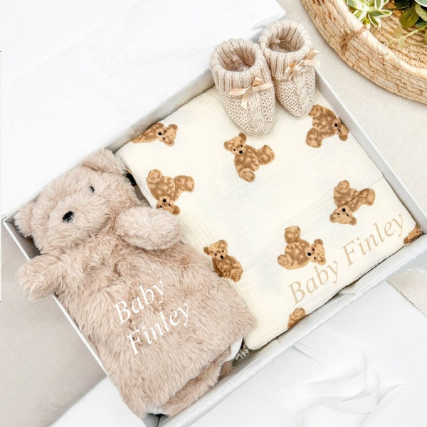 Personalised Embroidered Teddy Bear Muslin or Teddy Comforter Swaddle Blanket | Baby Girl Boy Unisex Gift Newborn Beige | Coming Home Outfit