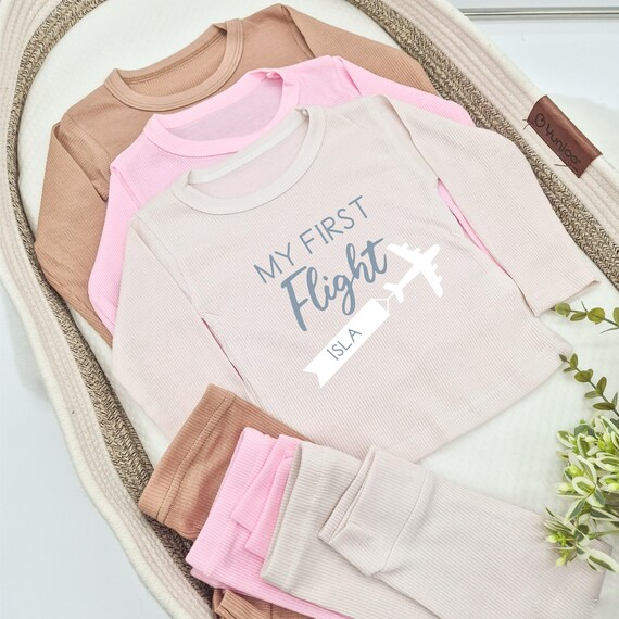 My First Flight Airport Outfit | Personalised Light Weight Ribbed Loungewear | Toddler Infant Girls Boys Kids T-shirt | Unisex Summer Spring