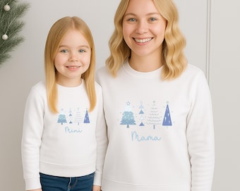 Personalised Christmas Sweatshirt Blue Trees | Mama Dad Mini Babygrow Jumper Gift Twinning Xmas Outfit Cookies Baking Toddler Infant