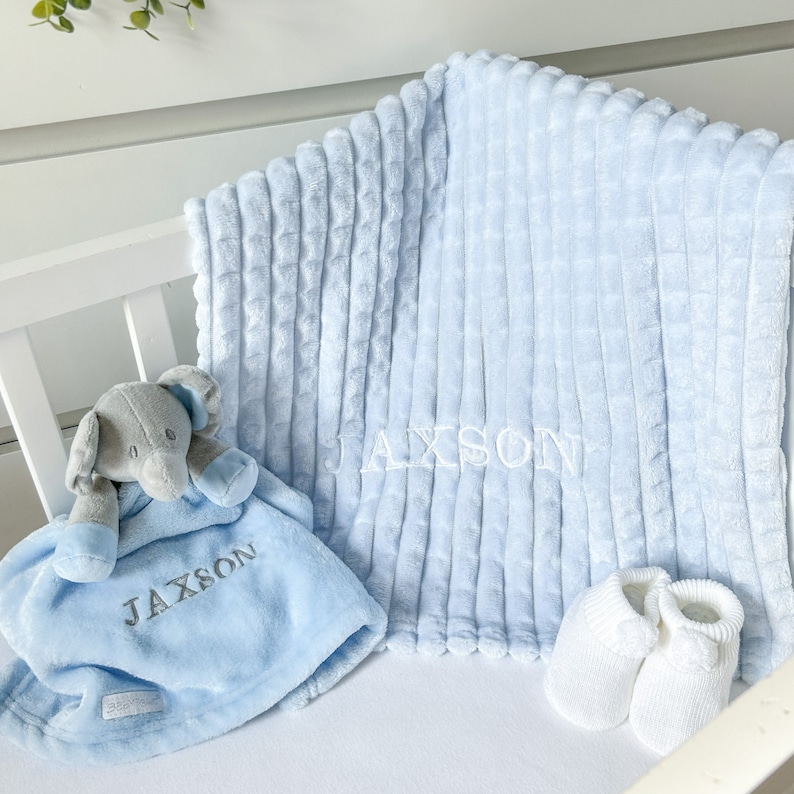 Personalised Embroidered Blue Blanket/ Blue Elephant Comforter/ Blanket, Comforter, Booties, Gift Set Baby Boy Babyshower Gift Newborn Comforter: Blue