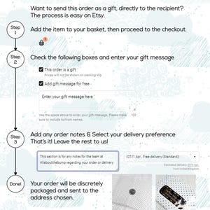 K&ouml;nnte beinhalten: Grafik mit Anweisungen zum Versenden einer Etsy-Bestellung als Geschenk. Die Schritte umfassen das Hinzuf&uuml;gen des Artikels zum Warenkorb, das Ankreuzen von Geschenkoptionen, das Hinzuf&uuml;gen einer Nachricht und die Auswahl der Lieferung. Das Etsy-Logo befindet sich oben links.