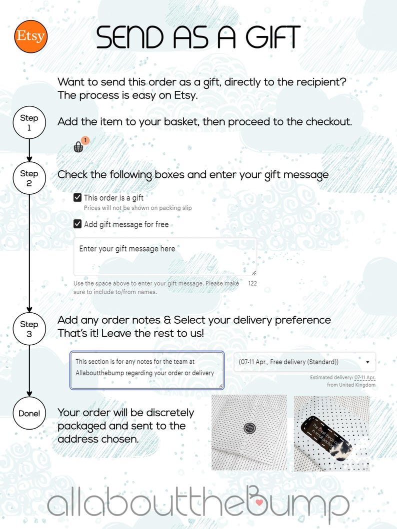 K&ouml;nnte beinhalten: Grafik mit Anweisungen zum Versenden einer Etsy-Bestellung als Geschenk. Die Schritte umfassen das Hinzuf&uuml;gen des Artikels zum Warenkorb, das Ankreuzen von Geschenkoptionen, das Hinzuf&uuml;gen einer Nachricht und die Auswahl der Lieferung. Das Etsy-Logo befindet sich oben links.