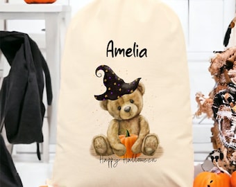 Personalised Halloween Teddy Treat Sack | Trick or Treat Bag Sack Bucket | Goodies Snacks Sweets | First Halloween | Sibling Matching