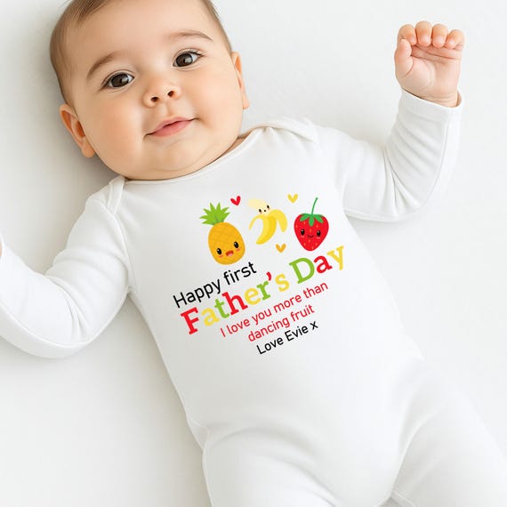 Happy First Fathers Day Daddy Dancing Fruit Theme Baby Grow, Baby Vest Bib 1st Fathers Day Gift from Baby Boy Girl Son Daughter 100% Cotton