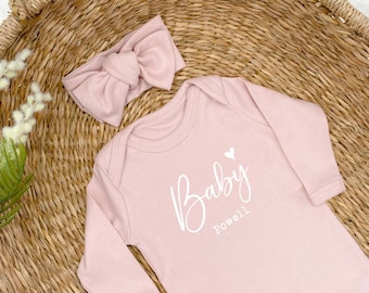 Personalised Baby Name Babygrow with optional Heaband & Blanket (Sleepsuit | New Baby Girl Gift | Coming Home Outfit | Newborn)