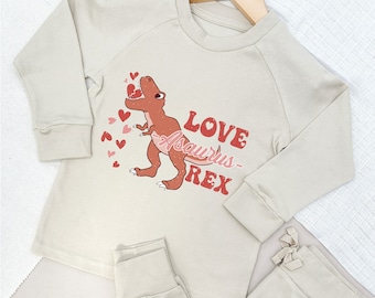 Brown Dinosaur Valentines Lightweight Cotton Tracksuit |  Brown Sand| Baby Girl Toddler Girls Outfit Trousers Personalised T-shirt Kids