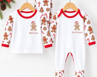 Personalised Matching Sibling Christmas Pyjamas or Baby Sleepsuit | Gingerbread Print with Name 100% Cotton [Made in UK]