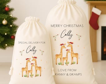 Personalised Santa Sack: Giraffe Family (First Christmas, Special Delivery, Christmas Sack, Boy, Girl, Christmas Eve Presents, Merry Xmas)