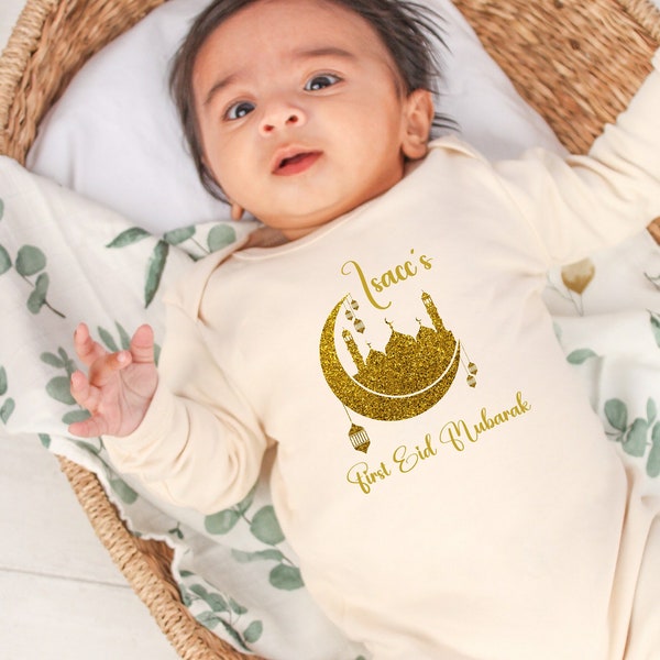 Personalised My First Eid Mubarak/Ramadan Gold Beige Babygrow l Vest l New Baby Gift l Newborn Baby Gift l Boy l 1st Eid Gift Present