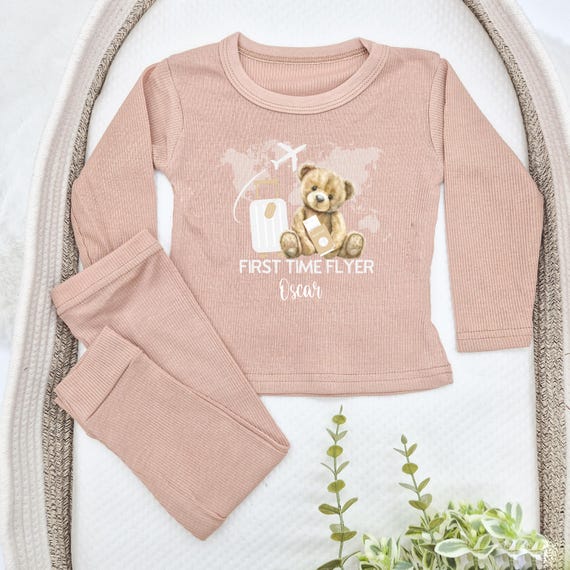 First Time Flyer Airport Outfit | Personalised Light Weight Ribbed Loungewear | Toddler Infant Girls Boys Kids T-shirt Unisex Summer Spring