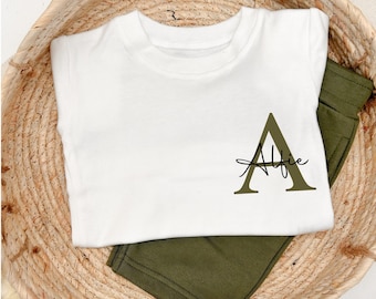 Script initiële naam katoen gepersonaliseerde shorts instellen meerdere kleuropties| Baby meisje jongen peuter unisex outfit zomer T-shirt kinderen blauw