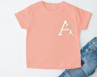 Personalised Pink Rabbit Initital Cotton T-shirt | Peach | Blue | Brown | Grey | Kid's T-shirt | Personalised Outfit | Girl's Outfit