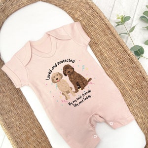 Personalised Loved and Protected By Dogs 140 Dog Types Romper New Baby Boy Gift Gift New Baby Dog Owner Baby Shower Gift image 3