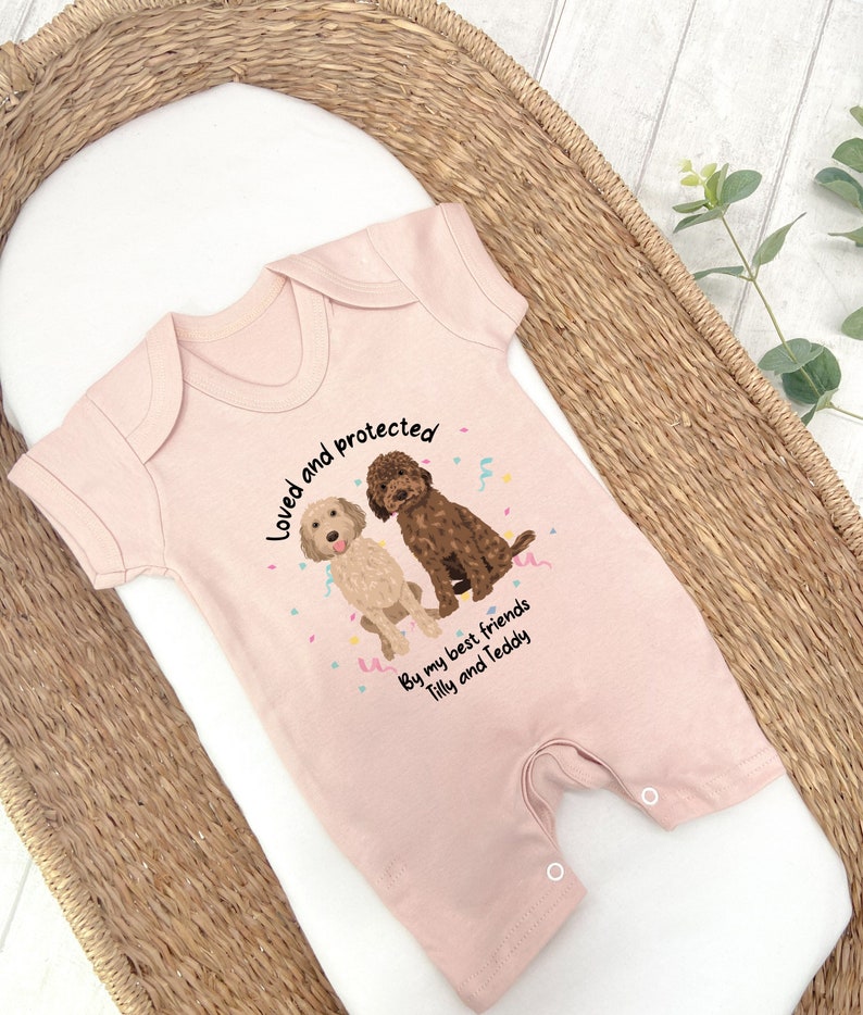 Personalised Loved and Protected By Dogs 140 Dog Types Romper New Baby Boy Gift Gift New Baby Dog Owner Baby Shower Gift image 3