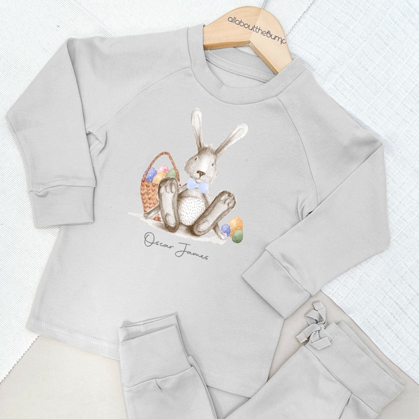 Personalised Grey Blue Bunny Easter Lightweight Cotton Tracksuit Grey Brown Sand Baby Girl Toddler Outfit Leggings Trousers T-shirt Kids