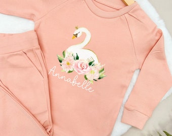 Swan Lightweight Cotton Tracksuit | Peach Blue Brown Sand | Baby Girl Toddler Girls Outfit Leggings Trousers Personalised T-shirt Kids
