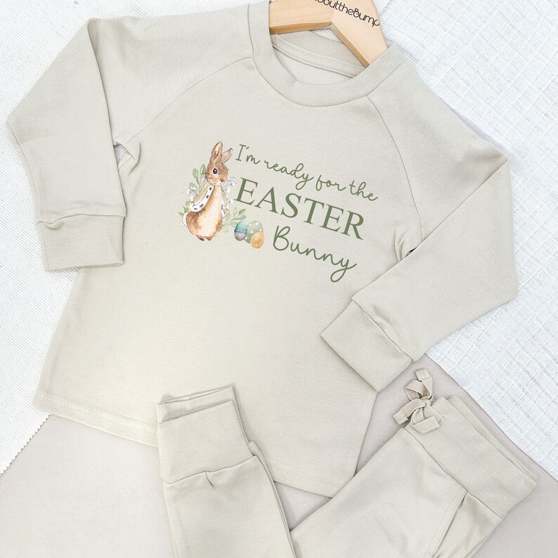 Personalised Ready For Easter Bunny Lightweight Cotton Tracksuit Grey Brown Sand Baby Girl Toddler Outfit Leggings Trousers T-shirt Kids image 1