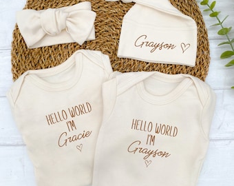 Personalised Hello World Beige Babygrow with optional Headband, Hat, Blanket| Sleepsuit Unisex Newborn Baby Gift New Baby Girl Boy Twins