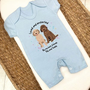 Personalised Loved and Protected By Dogs 140 Dog Types Romper New Baby Boy Gift Gift New Baby Dog Owner Baby Shower Gift image 2