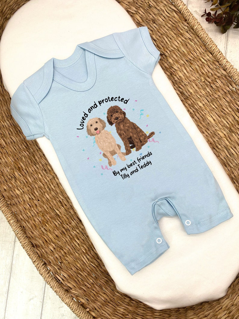 Personalised Loved and Protected By Dogs 140 Dog Types Romper New Baby Boy Gift Gift New Baby Dog Owner Baby Shower Gift image 2