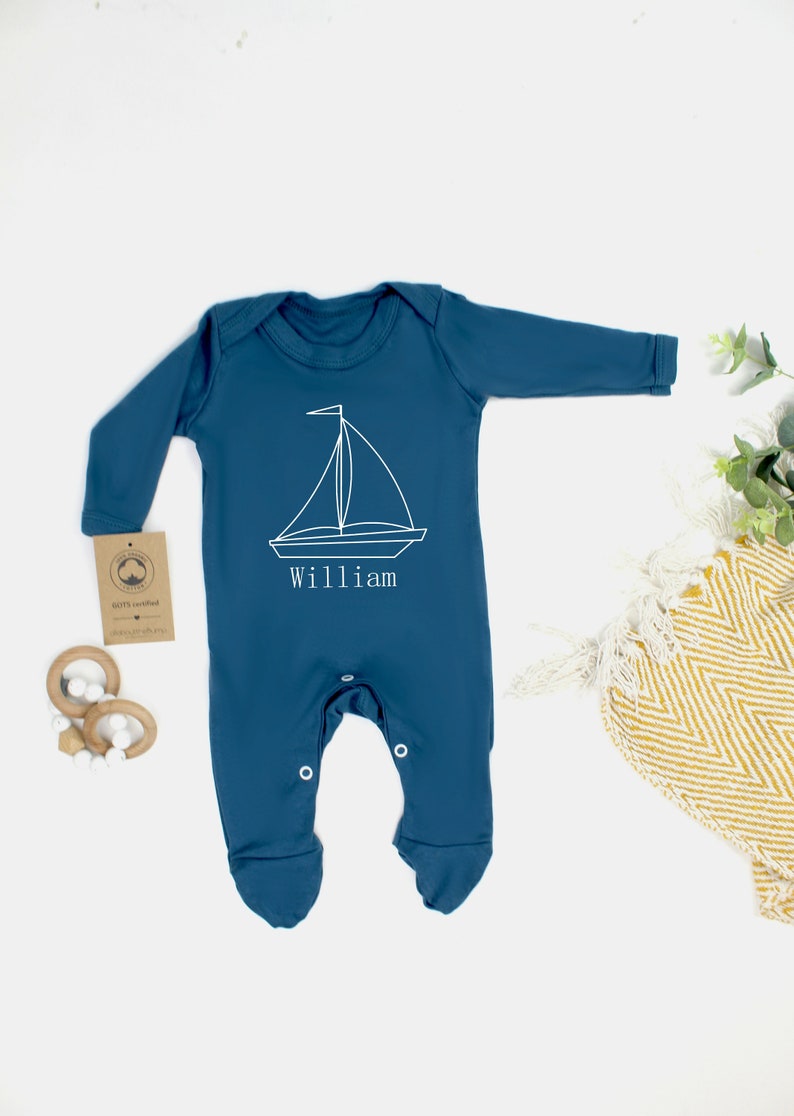 Baby Shower Gift Personalised 100/% Organic Cotton Babygrow Boat Blue Sleepsuit Newborn Baby Boy Baby Bodysuit New Baby Girl Gift