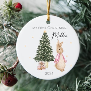 My First Christmas Pink Girl Rabbit Girls Personalised Ceramic Tree Ornament Bauble (Merry Christmas | Mummy Daddy Grandparents Bump Gift)