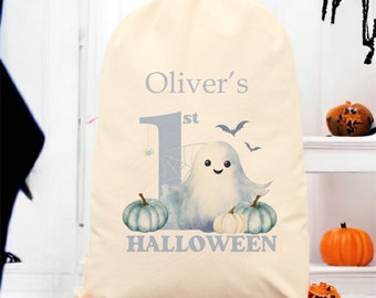 Personalised Ghost Halloween Treat Sack | Trick or Treat Bag Sack Bucket | Goodies Snacks Sweets | First Halloween | Sibling Matching