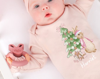 Personalised Pink Rabbit Christmas Pink Babygrow and optional Headband | Babies 1st Xmas Gift | First Xmas | Baby Grow Christmas Day