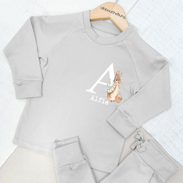 Personalised Easter Bunny Initial Lightweight Cotton Tracksuit Grey Brown Sand Baby Girl Toddler Girls Outfit Leggings Trousers T-shirt Kids