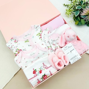 Pink Baby Girls Hamper with optional Booties Gift Wrapped l Baby Shower Gift l Sleepsuit l Babygrow l Baby Gift l New Baby l New Baby Girl Floral Cream Luxury