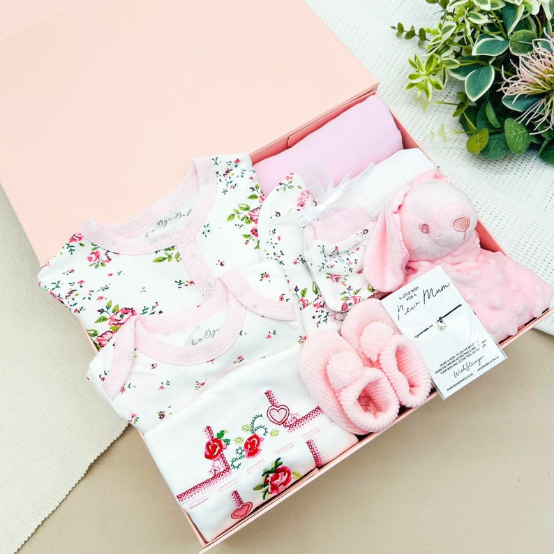 Pink Baby Girls Hamper with optional Booties Gift Wrapped l Baby Shower Gift l Sleepsuit l Babygrow l Baby Gift l New Baby l New Baby Girl Floral Cream Luxury