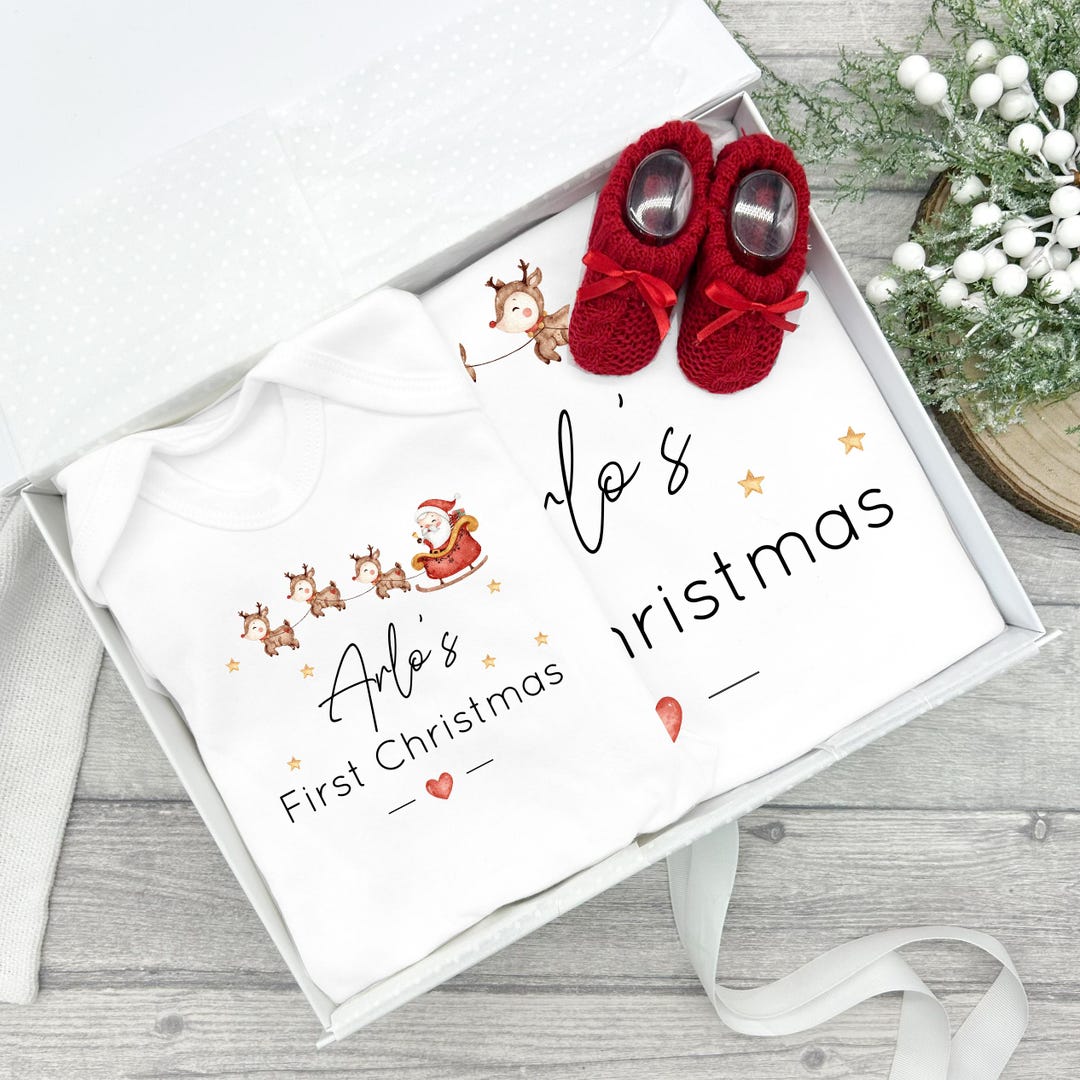 My First Christmas Gift Hamper Babygrow Booties Blanket Personalised