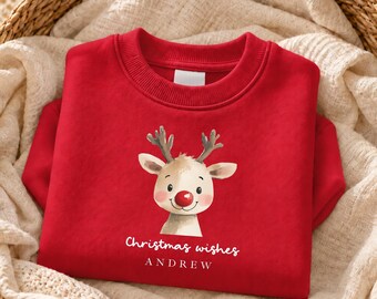 Personalised Kids Christmas Jumper | Rudolph Reindeer Festive Sweatshirt with Name for Boys Girls Sibling Matching Xmas Sweater