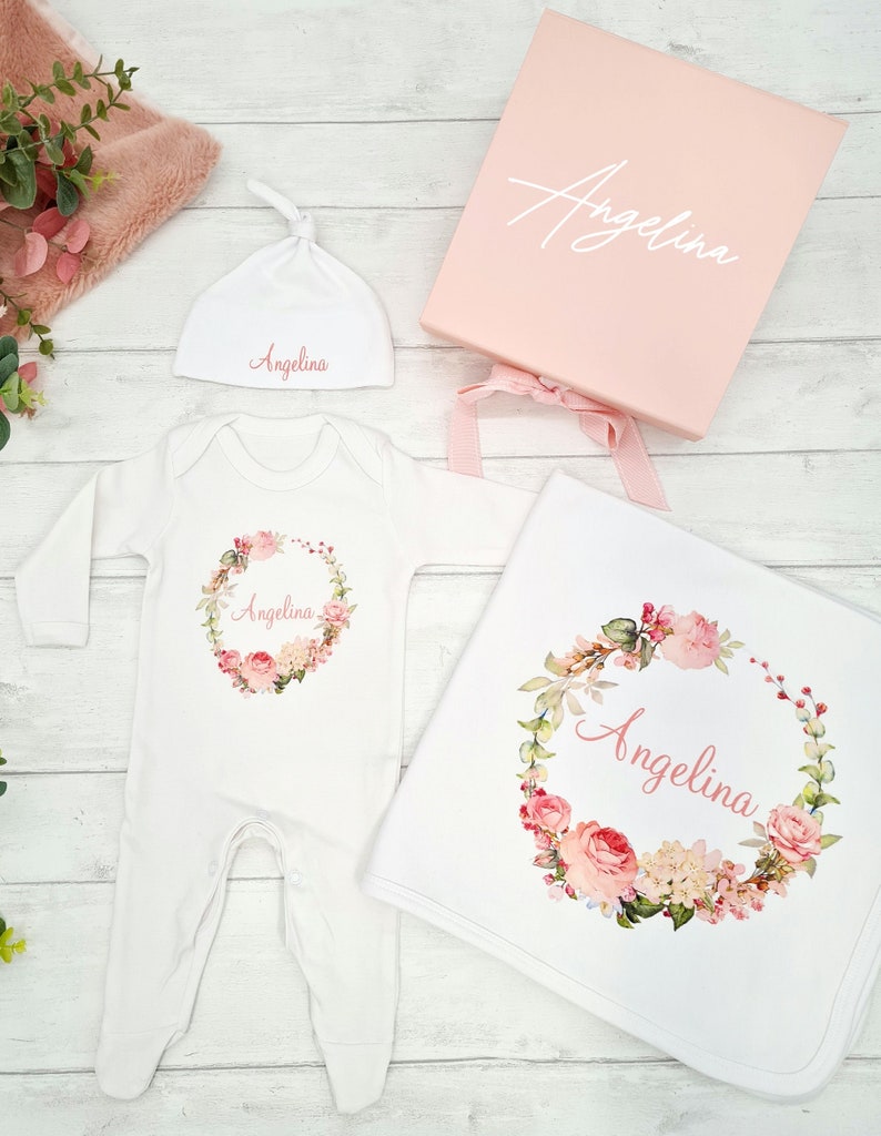 Rose Floral Pink Wreath Personalised New Baby Girl Clothing Gift Set (Babygrow | Hat | Blanket | Gift Box) - Coming Home New Parent Present 