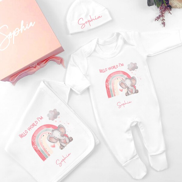 Personalised Hello World Pink Elephant New Baby Girl Clothing Gift Set(Babygrow | Hat | Blanket | Gift Box)  Coming Home Parent Present