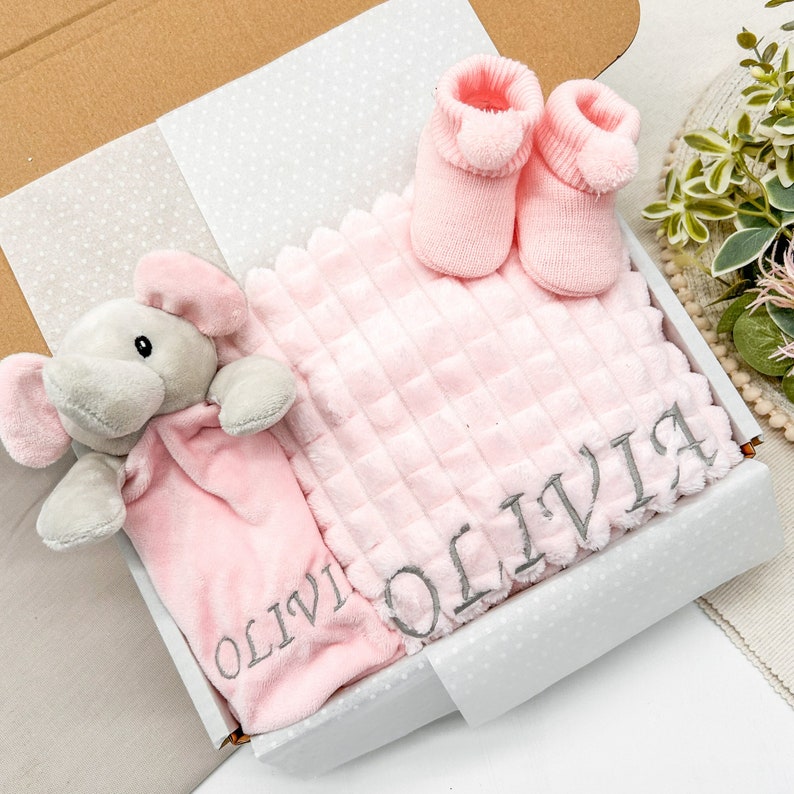 Personalised Embroidered Pink Blanket Pink Elephant Comforter Blanket Comforter & Booties Gift Set Baby Girl Babyshower Gift Newborn Gift Box Set