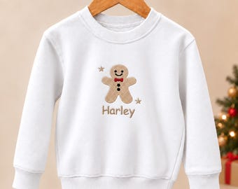 Personalised Kids Embroidered Christmas Jumper | Gingerbread Man Festive Sweatshirt with Name for Boys Girls Sibling Matching Xmas Sweater