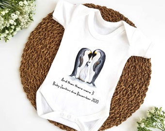 Personalised Penguin Family And Then There Were 3 Outfit (Babygrow Sleepsuit Vest Bodysuit | Pregnancy Baby Announcement | New Baby Arrival)