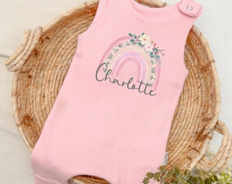 Personalised Pink Rainbow Baby Ribbed Romper Dungarees Multiple Colours | Baby Boy Girl Unisex | Newborn Gift Baby Shower Coming Home