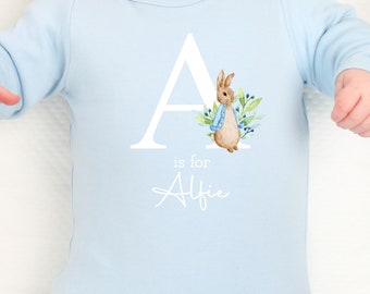 Personalised Blue Rabbit White Initial Babygrow Baby Blue optional Blanket & Hat (Sleepsuit | New Boy Gift | Coming Home Gift | New Baby)