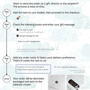 Pode incluir: Um guia passo a passo sobre como enviar um pedido Etsy como presente. As etapas incluem adicionar o item ao seu carrinho, marcar a caixa da mensagem de presente e adicionar quaisquer notas de pedido. A imagem tamb&eacute;m inclui uma se&ccedil;&atilde;o para selecionar as prefer&ecirc;ncias de entrega.