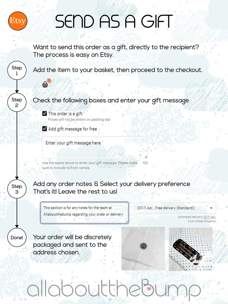Pode incluir: Um guia passo a passo sobre como enviar um pedido Etsy como presente. As etapas incluem adicionar o item ao seu carrinho, marcar a caixa da mensagem de presente e adicionar quaisquer notas de pedido. A imagem tamb&eacute;m inclui uma se&ccedil;&atilde;o para selecionar as prefer&ecirc;ncias de entrega.
