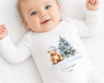 Personalised My First Christmas Boys Babygrow | Blue Teddy 2025 Outfit | Sleepsuit Bodysuit Vest Bib Babies 1st Xmas | Present Gift UK ##