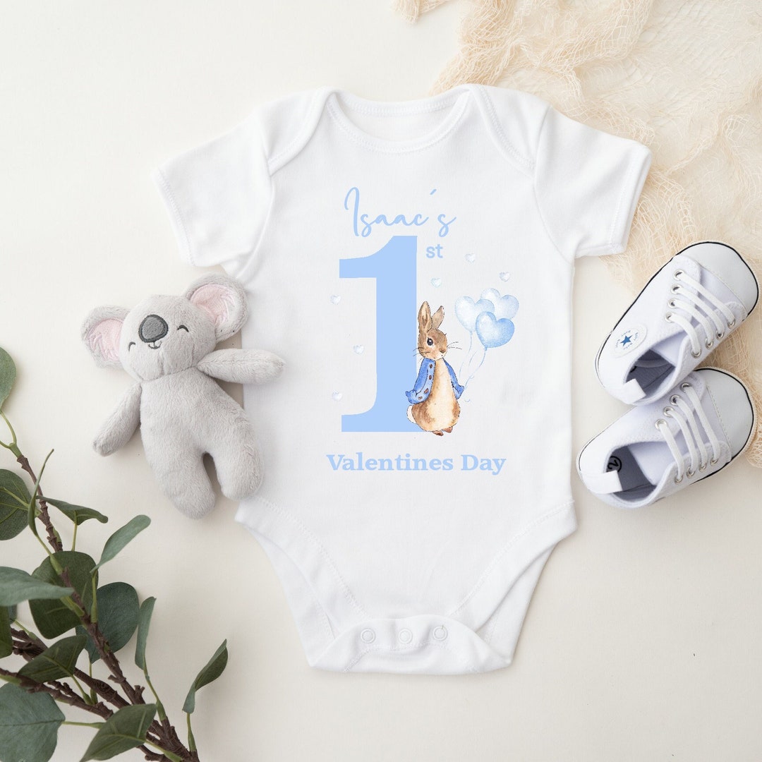 Personalised First Valentines Blue Rabbit Family Baby Outfit babygrow